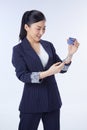 Business woman showing plastic credit card and mobile phone. concept business, shopping online, internet, blanking