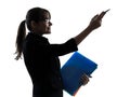Business woman showing pointing holding folders files silhouet Royalty Free Stock Photo