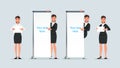 Business woman showing promo rollup banner stand