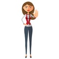 Business woman showing stop gesture with hand.Serious business-lady prohibiting.