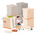 Business Woman Sit On Books Stacked Paper Document Paperwork