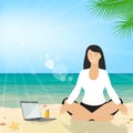 Business woman sitting on the beach meditating in the lotus position in the suit. Business tourism. Vector Royalty Free Stock Photo