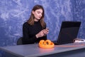 Business woman sitting at a computer laptop office Royalty Free Stock Photo