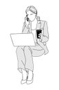 Business woman sitting with laptop, phone vector. Royalty Free Stock Photo