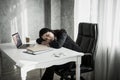 Business woman sleep on desk workplace after tired work