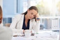 Business woman sleeping in meeting, office and desk with burnout, headache and stress. Tired, sad and worker asleep in