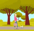 Business woman with small white dog is walking on street. Girl walks with cheerful puppy on leash