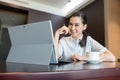 Business woman in smart confident smile sit laptop computer working