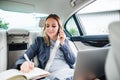 Business woman with smartphone and laptop sitting on back seats in taxi car. Royalty Free Stock Photo