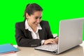 Business woman smiling happy working on laptop computer green chroma key background Royalty Free Stock Photo