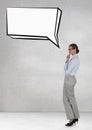 Business woman with speech bubble against grey background