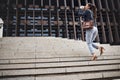 Business woman, stairs and coffee break in city with work commute, drinking and worker. Urban town, female lawyer back Royalty Free Stock Photo