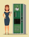 Business woman standing with cup of coffee close to coffee vending machine.