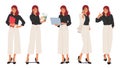 Business Woman Standing In Different Poses. Female Character In Smart Wear Holding Clipboard And Laptop, Showing Charts Royalty Free Stock Photo