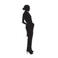 Business woman standing, posing female model in trousers with hands in pockets. Isolated vector silhouette