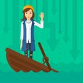 Business woman standing in sinking boat.