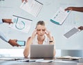 Business woman stress, anxiety and mental health burnout in busy, challenge crisis and frustrated office workplace