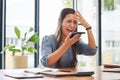 Business woman, stress and phone call in office by angry employee shouting, frustrated or annoyed by phishing. Manager Royalty Free Stock Photo