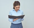 Business woman, student holding openbook and reading