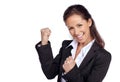 Business woman, success with fist and achievement in career, winner portrait and champion isolated on white background