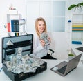 Business woman successful with US dollars money in hand feeling happy and smile, bankruptcy economic financial concept. Royalty Free Stock Photo