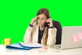 Business woman suffering stress at office computer isolated green chroma key Royalty Free Stock Photo