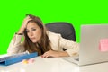 Business woman suffering stress at office computer isolated green chroma key Royalty Free Stock Photo