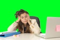 Business woman suffering stress at office computer isolated green chroma key Royalty Free Stock Photo