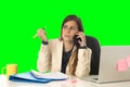 Business woman suffering stress at office computer isolated green chroma key Royalty Free Stock Photo