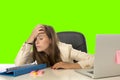 Business woman suffering stress at office computer isolated green chroma key Royalty Free Stock Photo