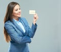 Business woman suit dressed show plastic credit card. Royalty Free Stock Photo