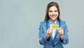 Business woman suit dressed show plastic credit card. Royalty Free Stock Photo