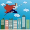 Business woman superhero flying in the sky above the office skys Royalty Free Stock Photo