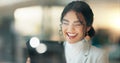 Business woman, tablet and laugh in night, office and reading an email notification, meme or story on web. Entrepreneur Royalty Free Stock Photo