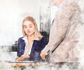 Business woman talking and Explain document with manager in the office on watercolor illustration painting