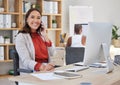 Business woman talking on phone call, happy communication and conversation in startup agency. Smile, vision and creative Royalty Free Stock Photo