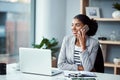 Business woman talking on phone call or young entrepreneur answering cellphone in front of laptop in work office. Happy Royalty Free Stock Photo