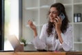 Business woman talking phone at office space. real estate, lawyer, non-profit, marketing