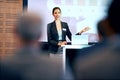 Business woman, talking and presentation with projector screen, conference or workshop with laptop for slideshow