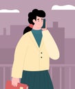 Business woman talking smartphone at street, vector cartoon illustration. Royalty Free Stock Photo