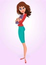 Business woman or teacher character with folder for papers posing. Vector. Cartoon woman in blue dress and red shirt Royalty Free Stock Photo