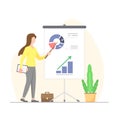 Business Woman or teacher pointing at presentation board, Vector illustration Royalty Free Stock Photo