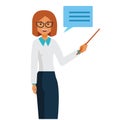 Business woman teacher standing with pointer cartoon flat vector illustration concept on isolated white background Royalty Free Stock Photo