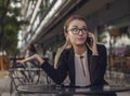 Business woman or teacher talking on the cellphone emotionally Royalty Free Stock Photo