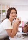 Business woman, thinking and coffee cup in office for break, brainstorming and planning at desk. Worker, editor or Royalty Free Stock Photo