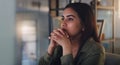 Business woman, thinking and computer at night in office with anxiety, stress or crisis. Female entrepreneur at desk Royalty Free Stock Photo