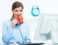 Business woman time out concept, red coffee cup. Break the work Royalty Free Stock Photo