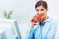 Business woman time out concept, red coffee cup. Break the work Royalty Free Stock Photo