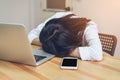 Business woman tired a sleep on the office room while working. Because of overtime for a long time. Royalty Free Stock Photo