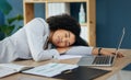 Business woman, tired or sleeping on desk in financial accounting office in overworked, mental health nap or burnout Royalty Free Stock Photo